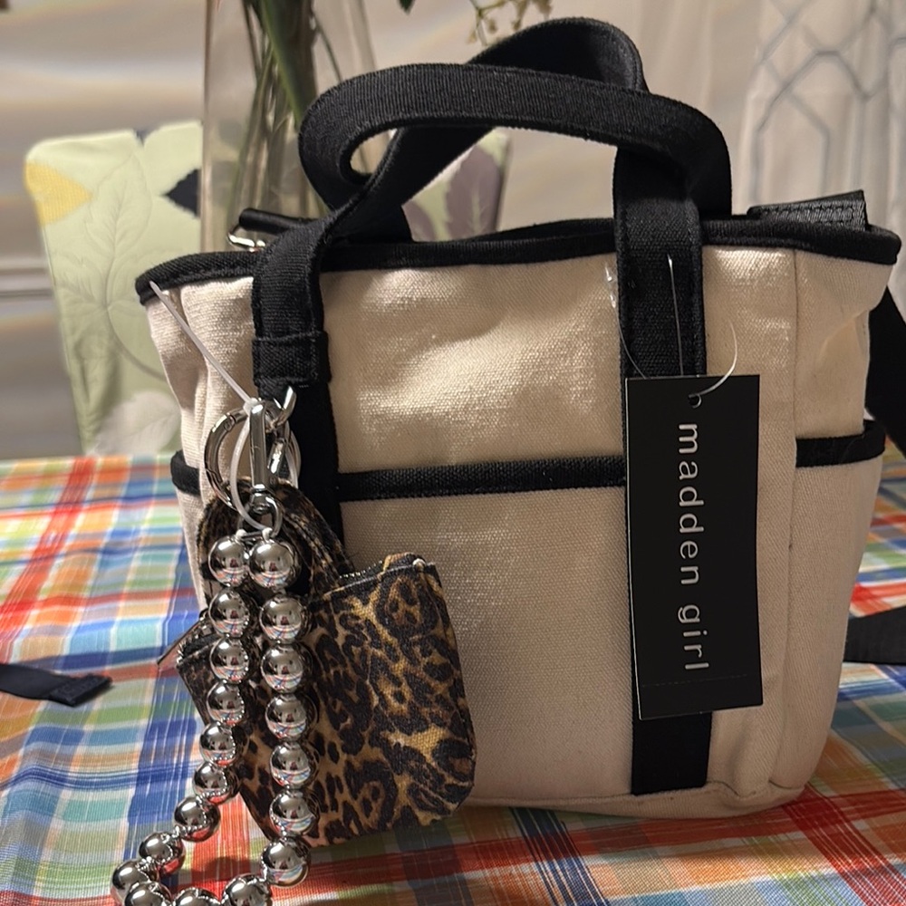 Madden Girl Cream Canvas Mini Tote with Black Trim and Leopard Charm